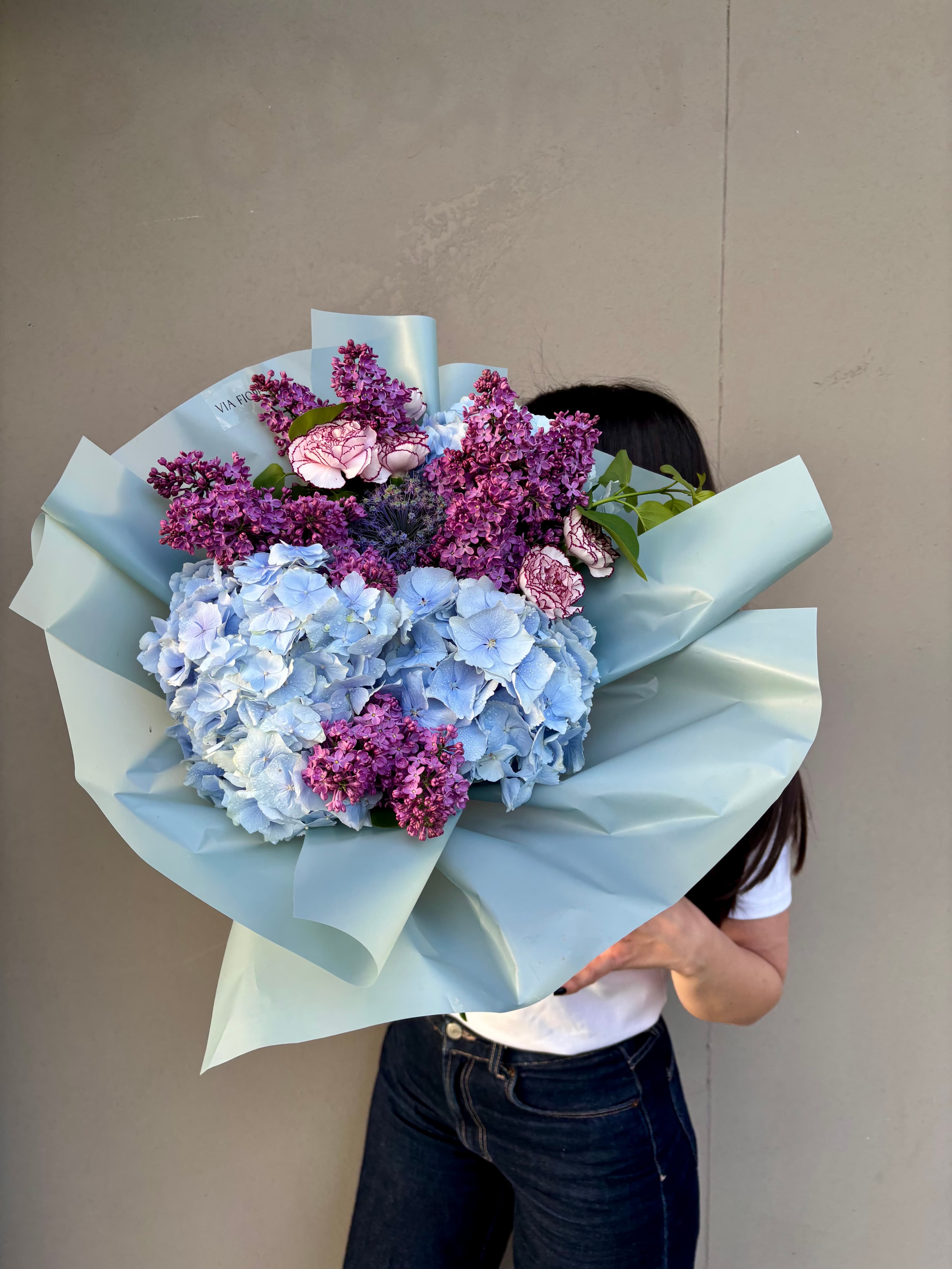 Hydrangea, lilac & carnations bouquet