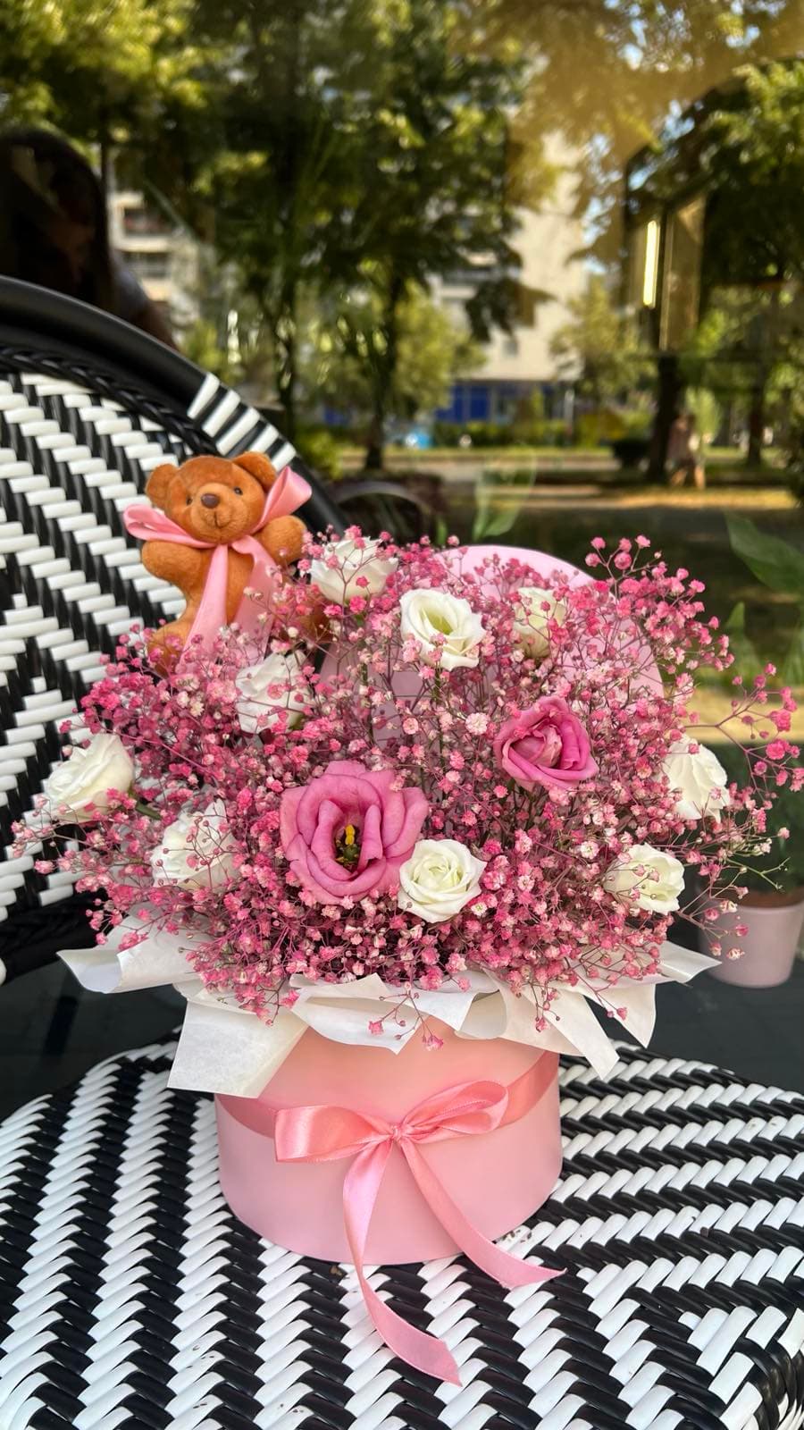Gypsophila, lisianthus and teddy flower box